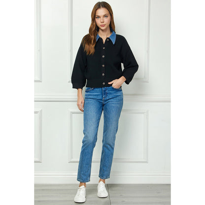 SAB - Sweater Cardigan w Denim collar 6054 - Black