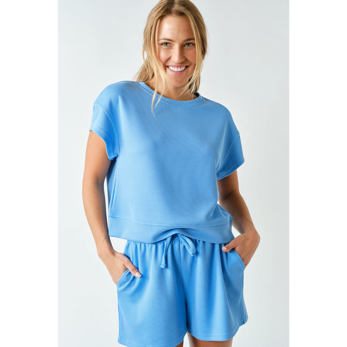 Luxe Sand Wash Rib Classic Tee & Shorts Set 5896 – Blue