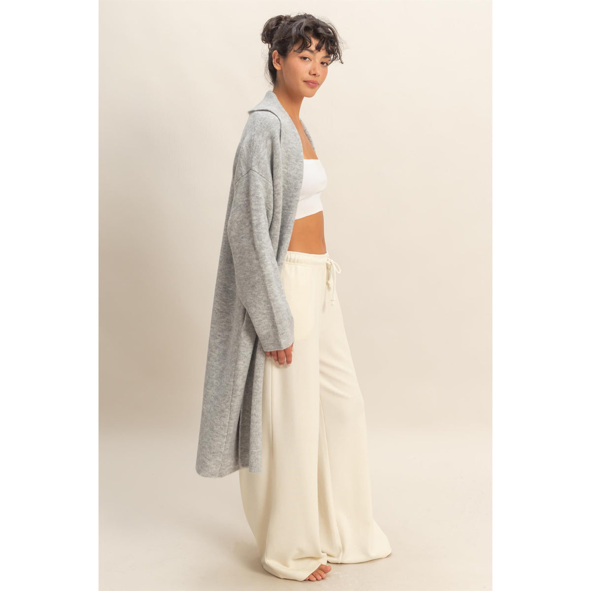 DZ - Longline Open Front Duster Sweater, Cardigan 435 - Heather Gray - SALE