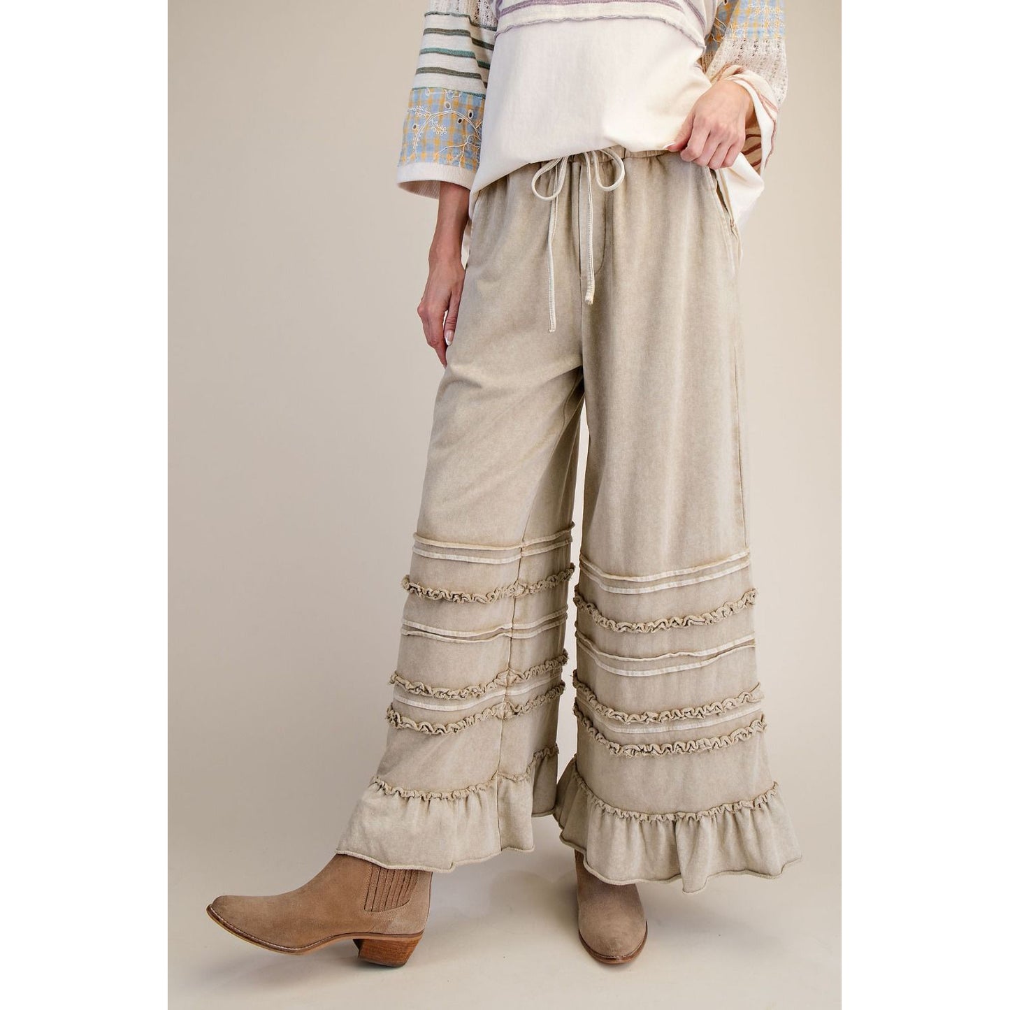 Easel - Wide Leg, Washed Terry Pants 0214 - Latte