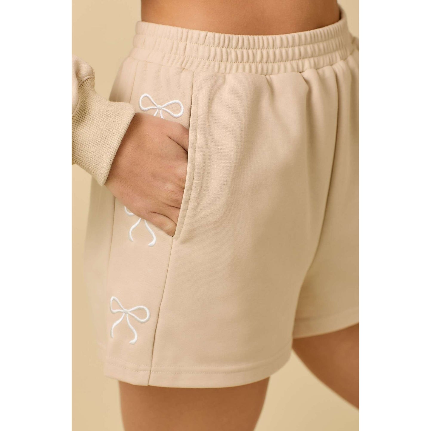 MS - Shorts w Side Ribbon Bow Embroidery Detail 1103 - Taupe