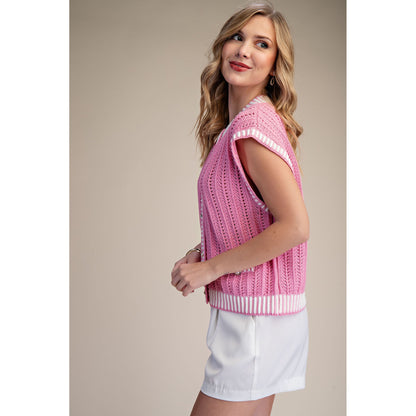 Pink Stripe Sleeveless Button-Down Sweater Vest 9677