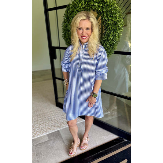 Blue Striped Pleated Sleeve Mini Dress 7062
