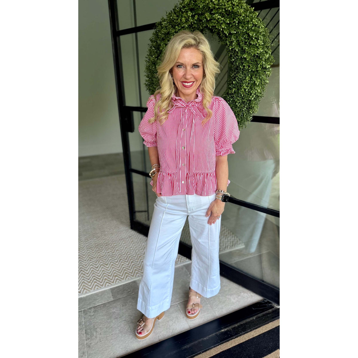 Red Stripe Ruffle Neck Puff Sleeve Top 1590