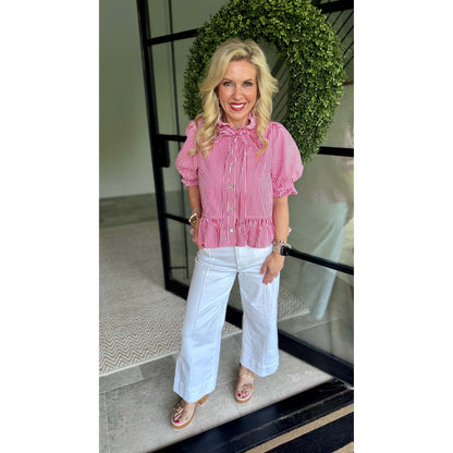 Red Stripe Ruffle Neck Puff Sleeve Top 1590