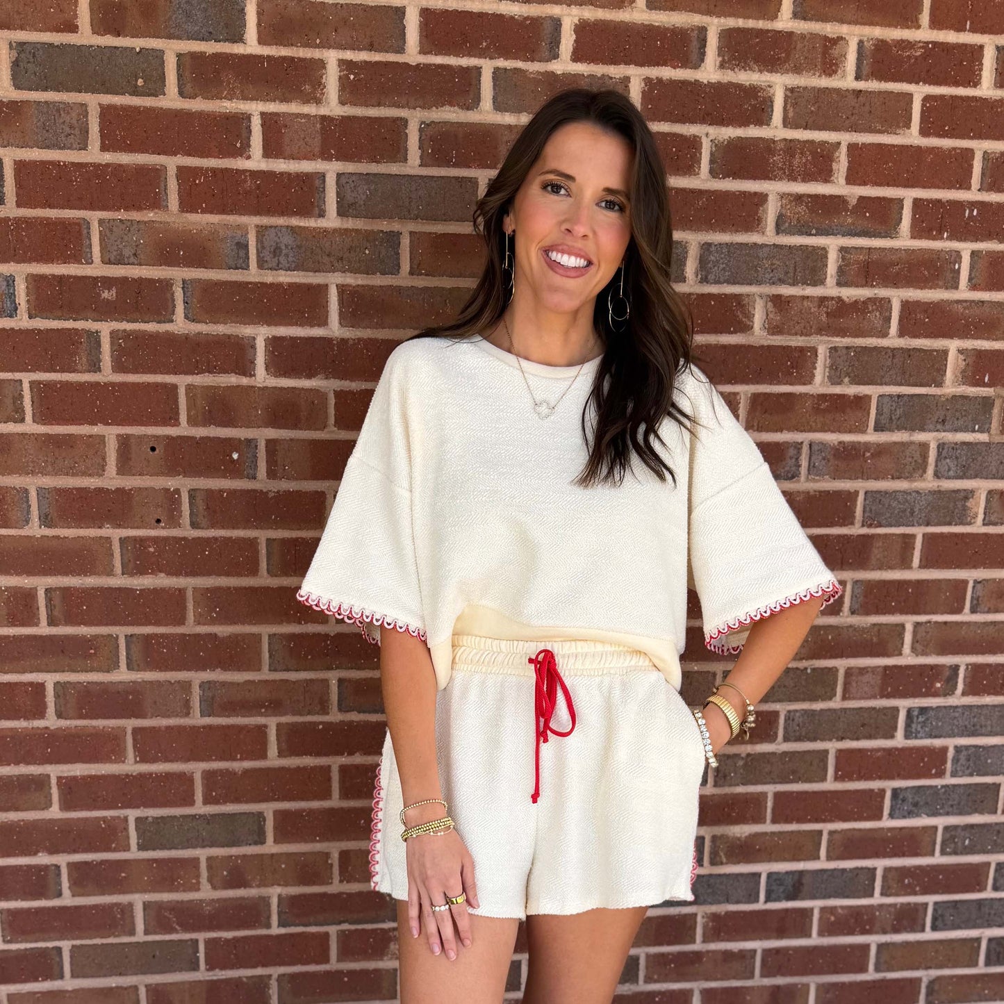 BL - Oversized Cropped Sweatshirt & Bow Tie Shorts Set 2917 - Cream/Red