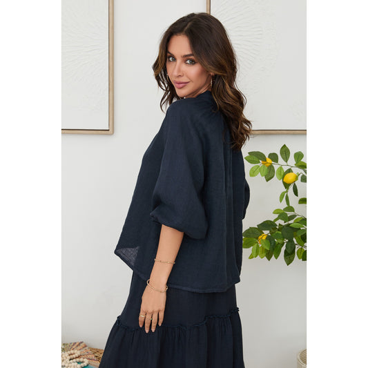 Milio Milano Linen Balloon Sleeve V-Neck Top – Navy