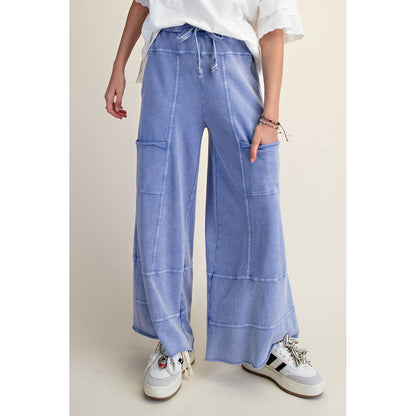 Easel - Mineral Washed, Terry Cargo Style Pockets, Wide Leg Pants 1308 - Misty Blue
