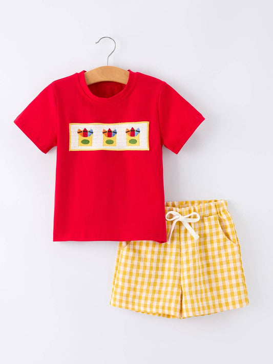 Back to School Crayon Smocked Boys Plaid Shorts Set - Red - SALE