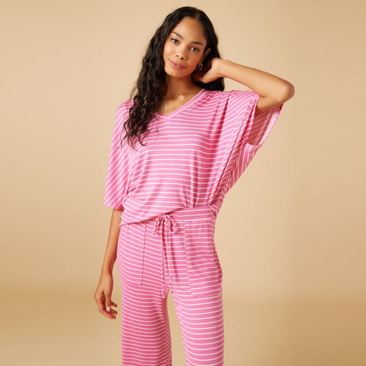 Softies - Fuchsia Striped, Dream Relaxed V-neck with Capri Lounge Set