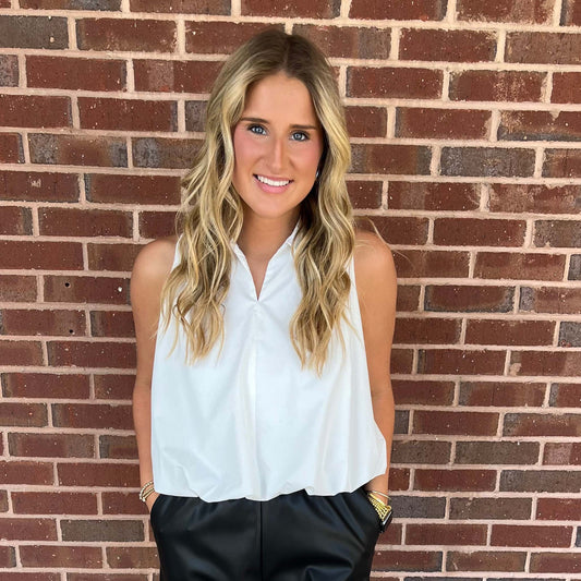 Bubble Hem Sleeveless Blouse – Ivory Collared Flowy Top 9649