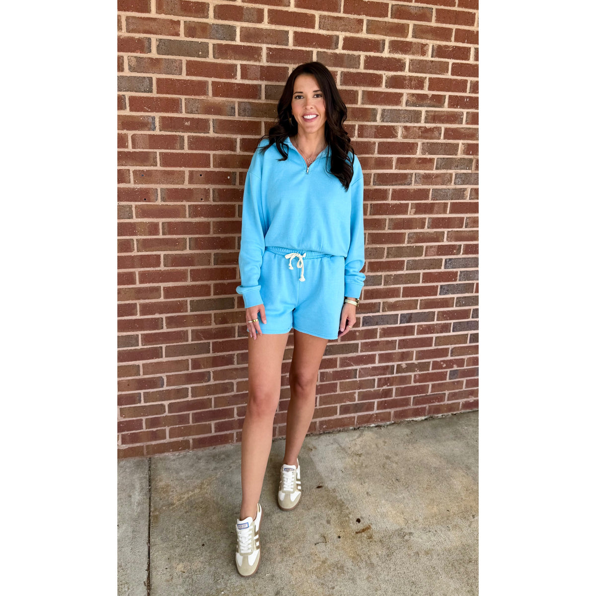 Sky Blue Lounge Set – Half Zip Pullover & Drawstring Shorts Set 258 / 328