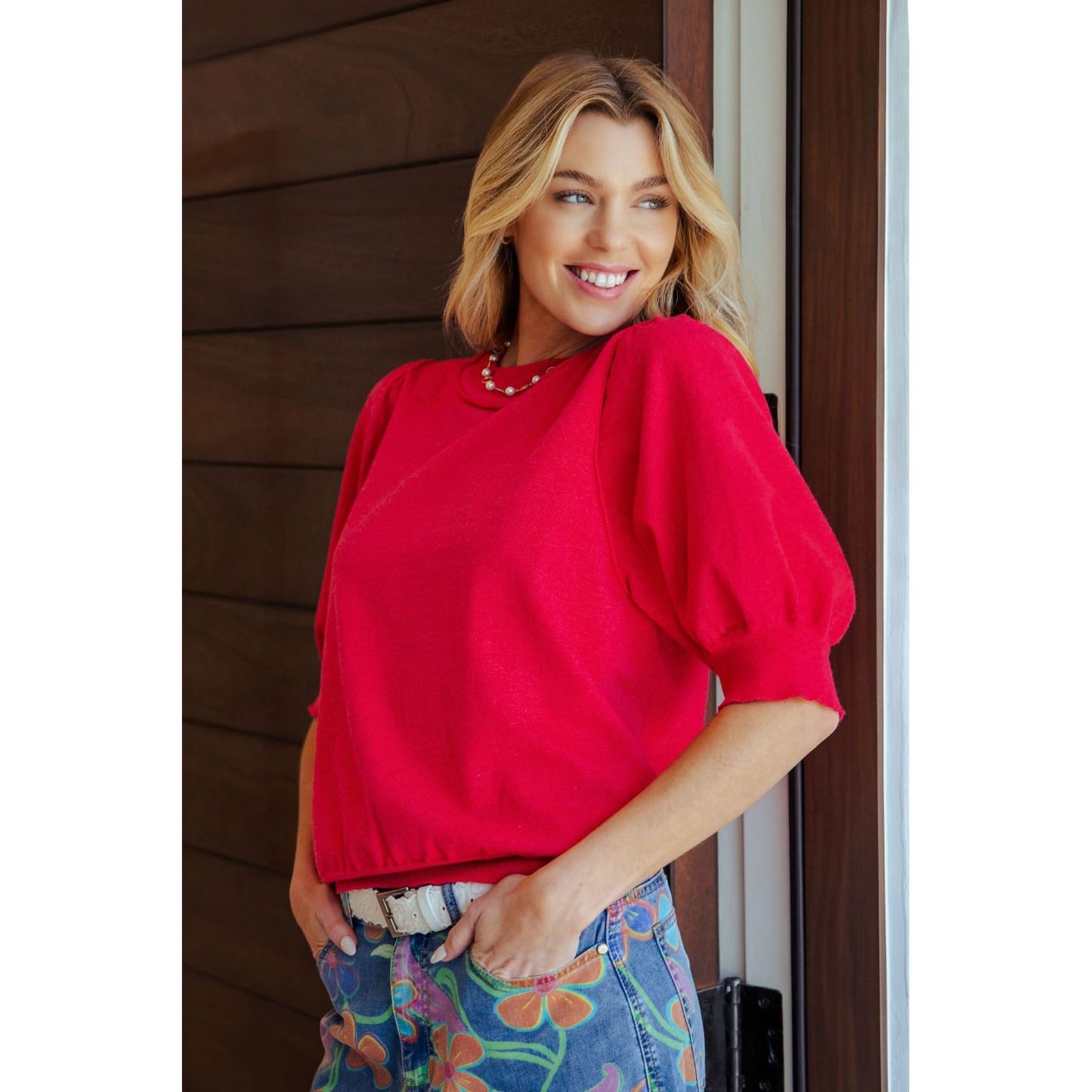 Short Puff Sleeve Knit Sweater Top 9799 - Red