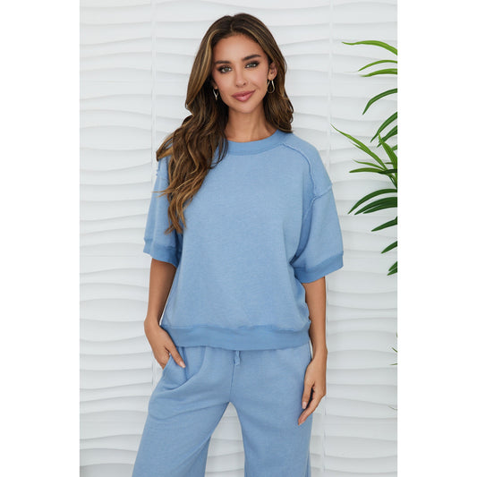Milio Milano Reverse Stitch Short Sleeve Sweater – Denim Blue