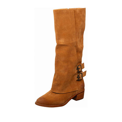 Antelope - O46 Tessa - Suede Tall Boots Double Buckle Detail - Cognac