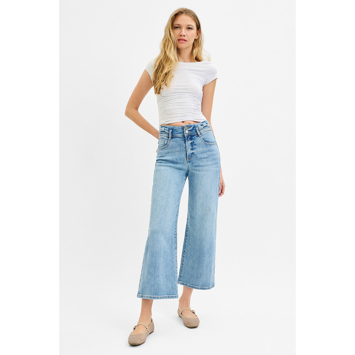 Risen - Tummy Control, High Rise, Crop, Wide Leg Jeans w Bow Detail 1200 - Medium Blue