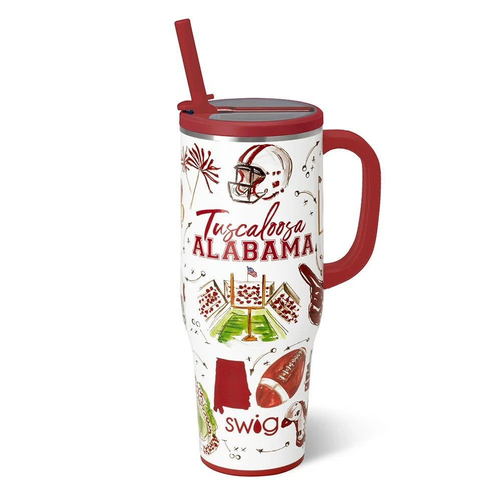 A 30 oz insulated travel tumbler with a handle and straw, featuring Tuscalosa Alabama football-themed graphics on a white background with red and green accents.