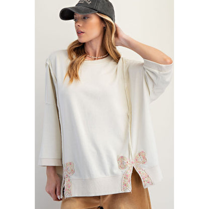 Easel - Bow Patch, Oversized, Washed, Terry Pullover Sweater Top 8101 - Cream