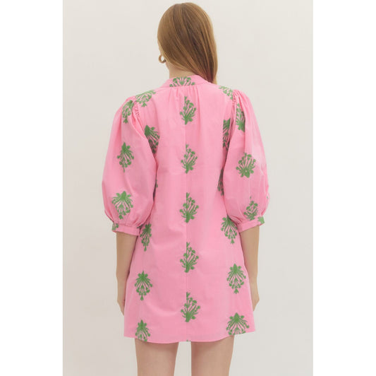 Entro - Embroidered, ¾, Puff Sleeve, Mini Dress 0226 - Pink