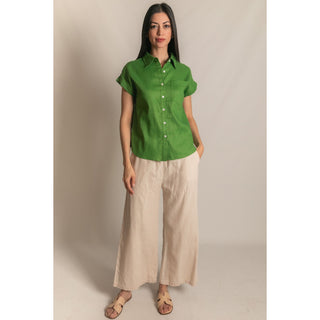 Grass Green P.Cill Linen Button-Up Shirt – Relaxed Short Sleeve 1136
