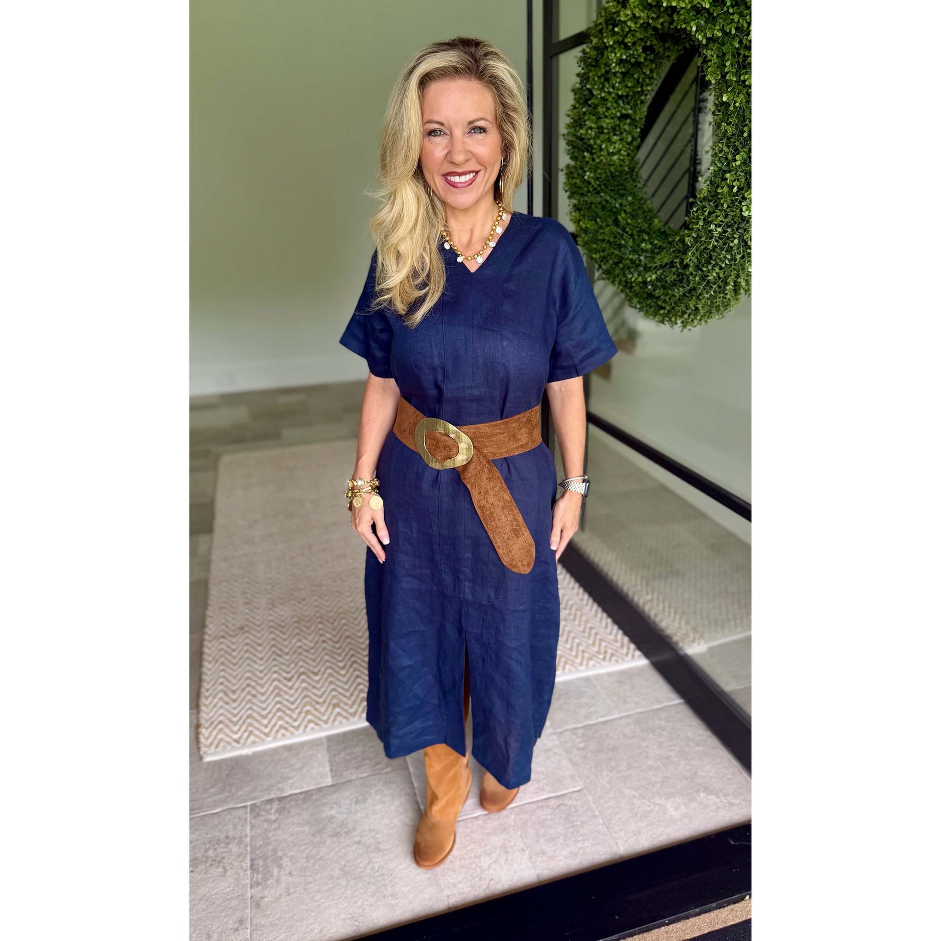 Before You Collection - Linen V-Neck Front Slit Dress – Navy