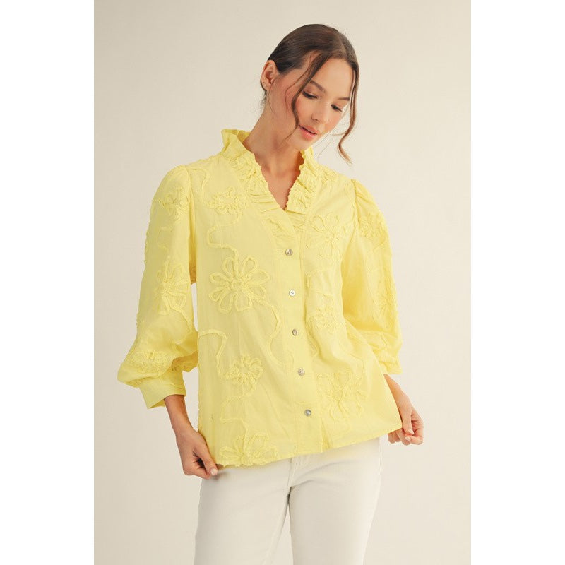 JL - ¾ Sleeve, 3D Floral Top 2376 - Yellow
