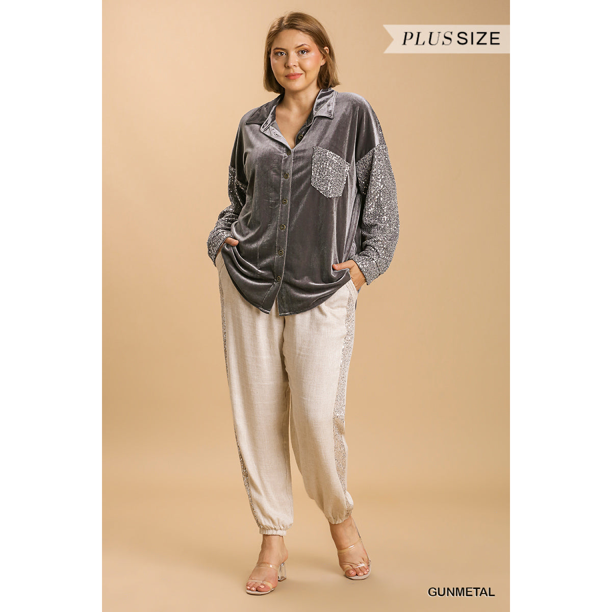 Velvet Collar Button Down Jacket w Sequin Sleeves & Chest Pocket 0333 - Gun Metal
