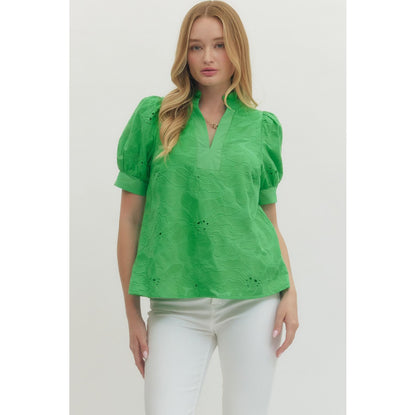 EL - Floral, Embroidered, Short Puff Sleeve Top 6825 - Green