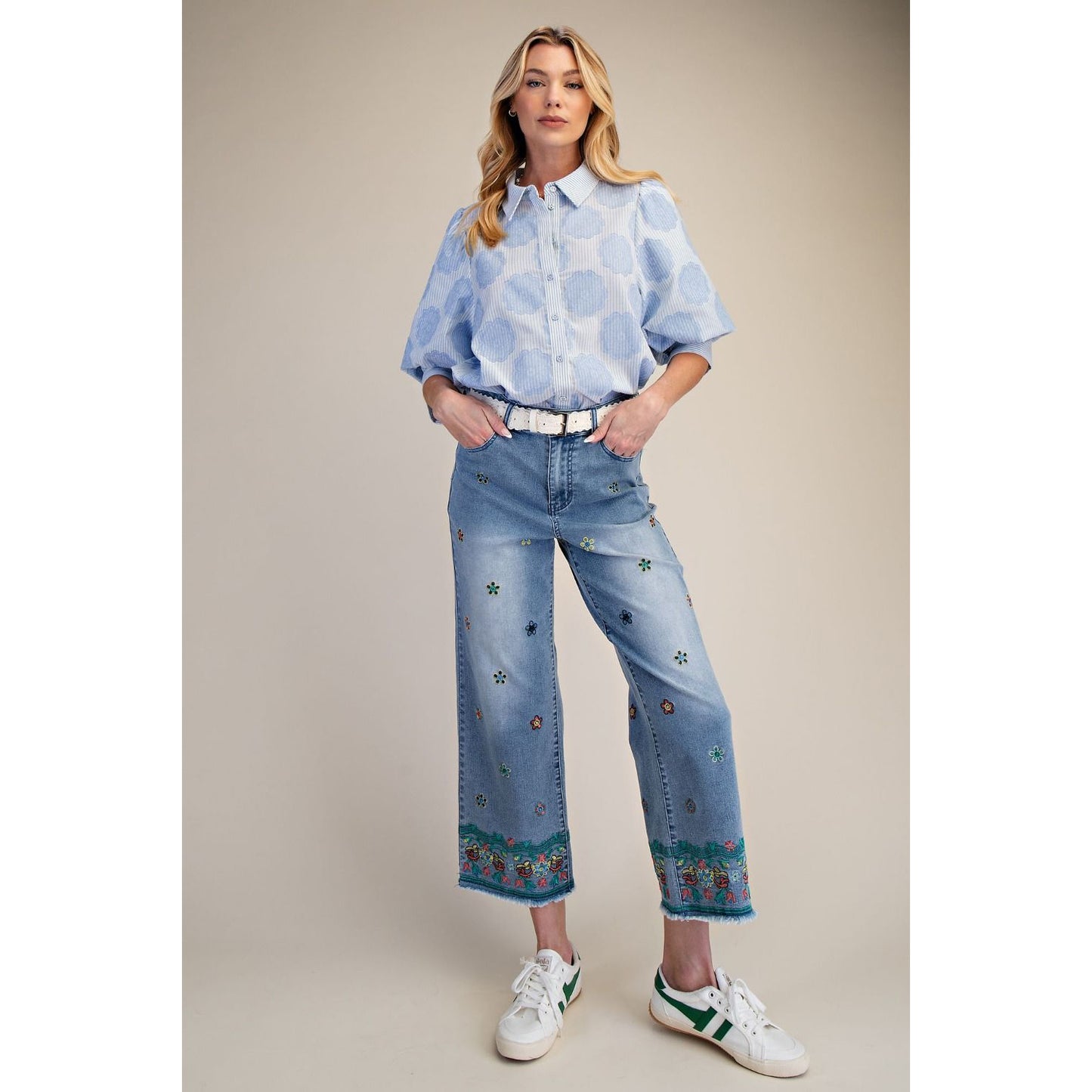 Easel - Striped, ¾ Bubble Sleeve, Button Down Top 1923 - Blue