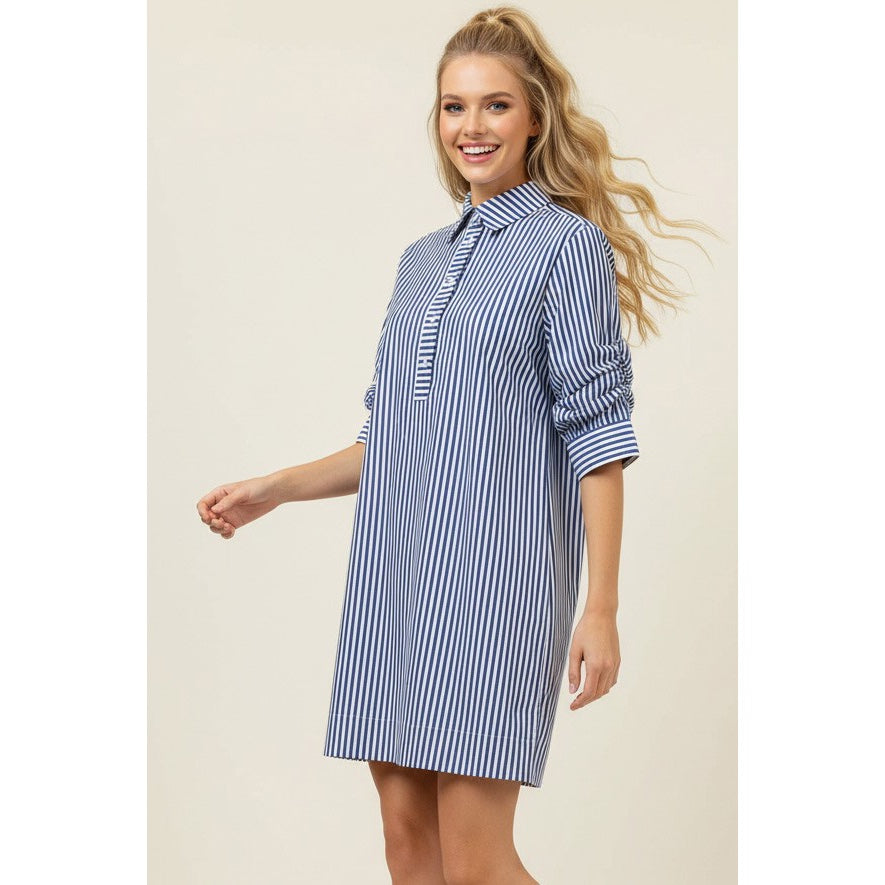 Blue Striped Pleated Sleeve Mini Dress 7062