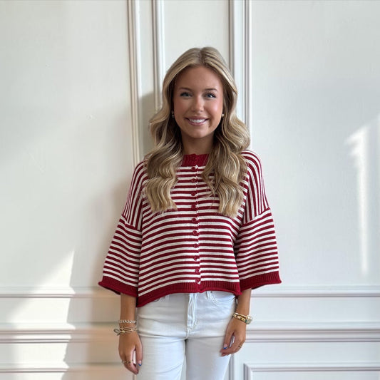 Striped Half Sleeve Oversize Cardigan - Crimson / Off White