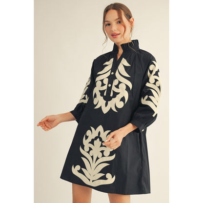 JL - ¾ Sleeve, Baroque Floral Applique Shift Dress 5266 - Black