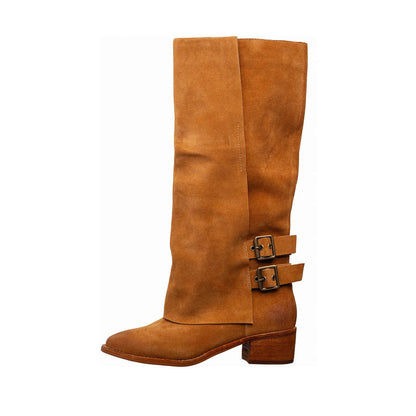Antelope - O46 Tessa - Suede Tall Boots Double Buckle Detail - Cognac