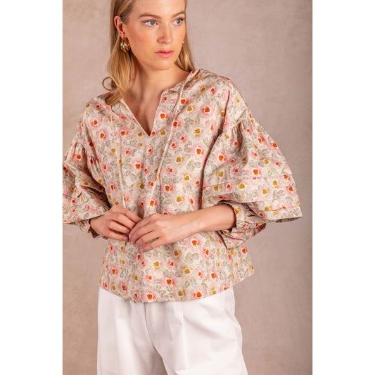 BYC - Printed, Cotton, Peasant Blouse w Knotted String, Top 1102 - Cream