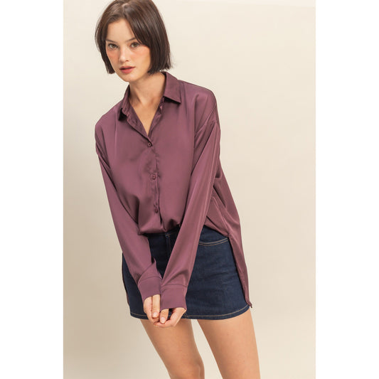 DZ - Long Sleeve Oversized Satin Shirt Top 072 - Dark Cherry