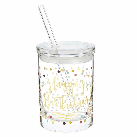 Glass DOF with Lid and Straw - Happy Birthday