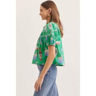 Green Novelty Print Puff Sleeve Top – Tiered Yoke Button Front Blouse 0389