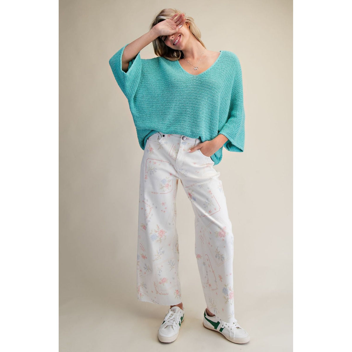 White Cross Stitch Floral Washed Twill Pants 0236