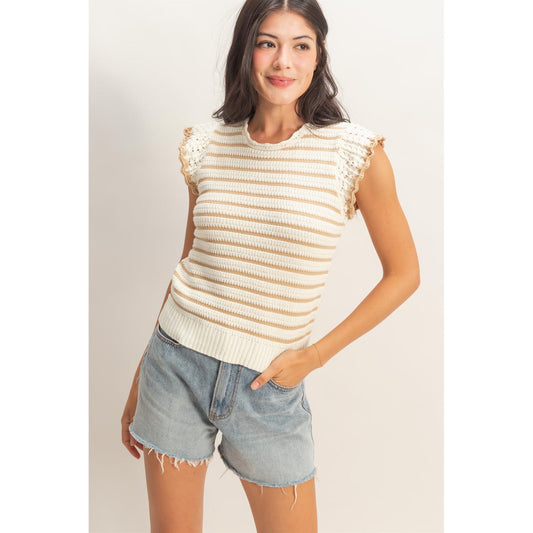 Striped Crochet Knit Tank – Cream & Tan Ruffle Sleeve Sweater Top 037