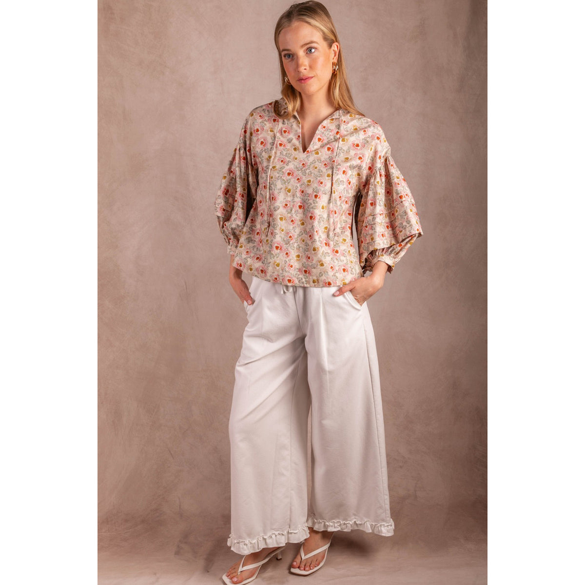 BYC - Printed, Cotton, Peasant Blouse w Knotted String, Top 1102 - Cream