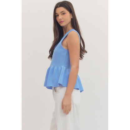Blue Sleeveless Button Front Peplum Top - 1151