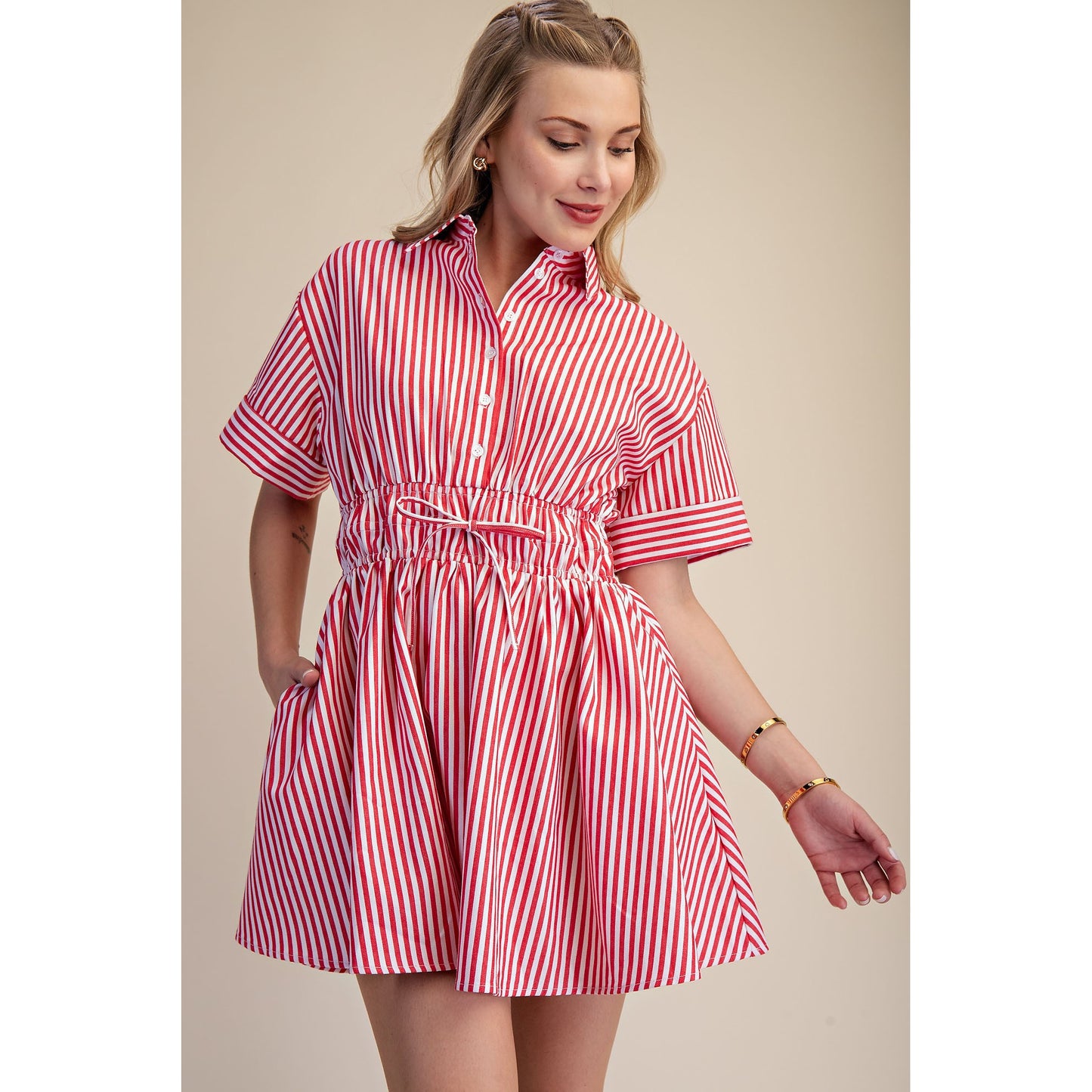 Red & White Stripe Shirt Dress – Cinched Waist Button Front Mini Dress 9648