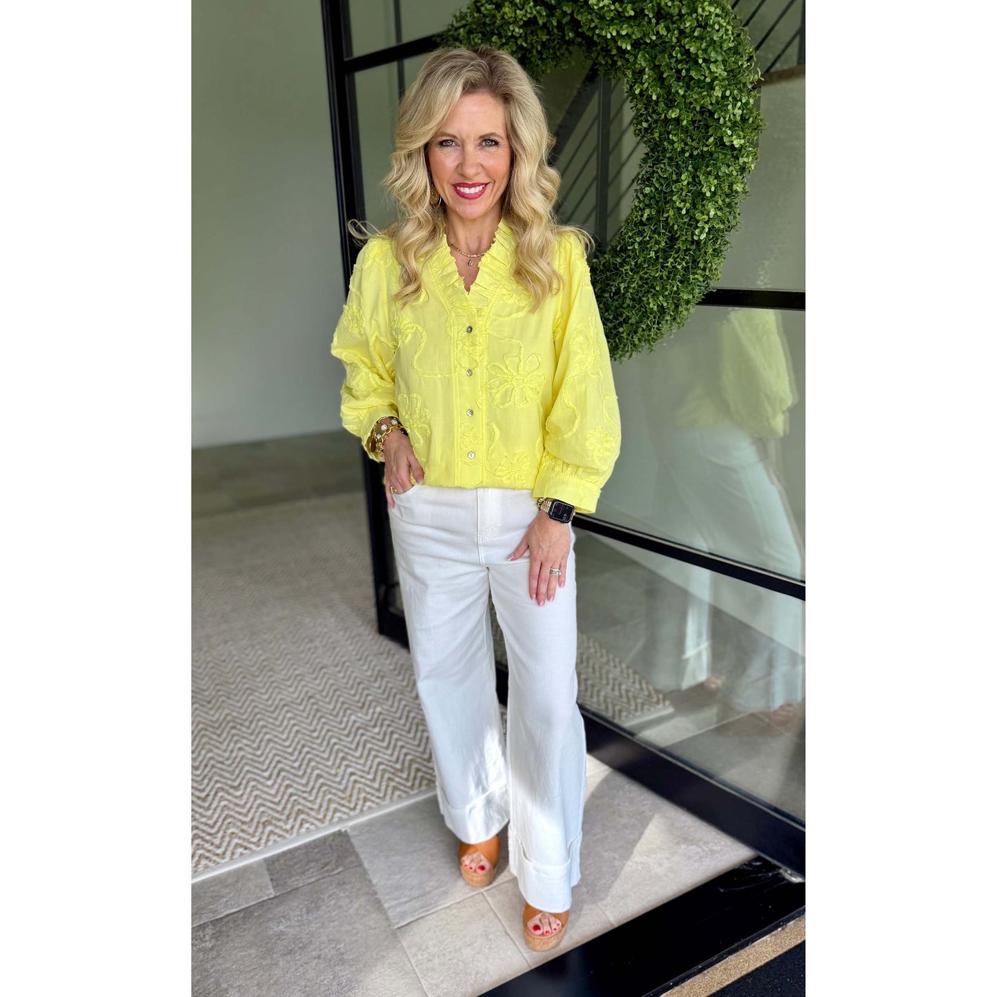 JL - ¾ Sleeve, 3D Floral Top 2376 - Yellow