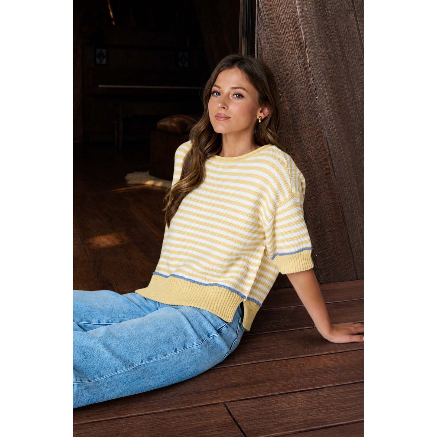 Striped Contrast Trim Sweater 1027 – Butter Yellow