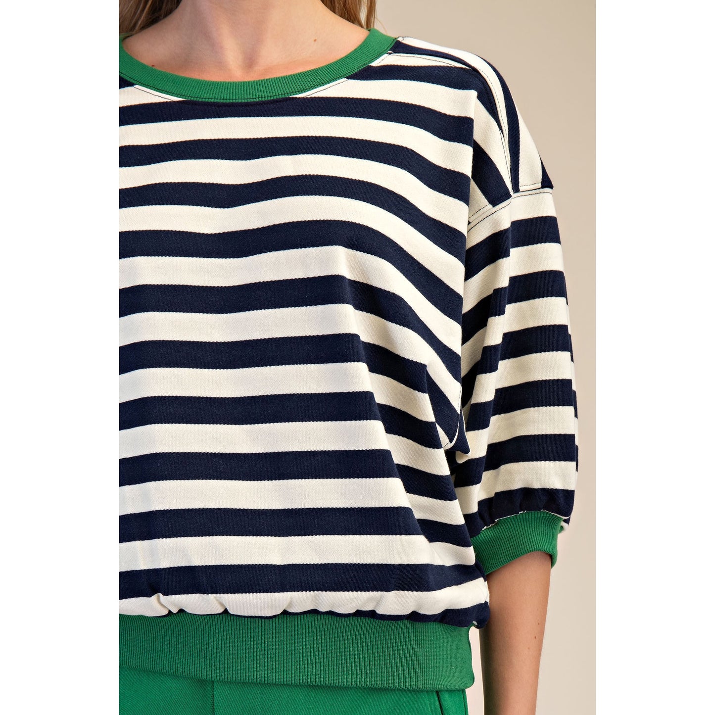 Navy Stripe Knit Top – Green Trim Short Sleeve Sweater - 9528