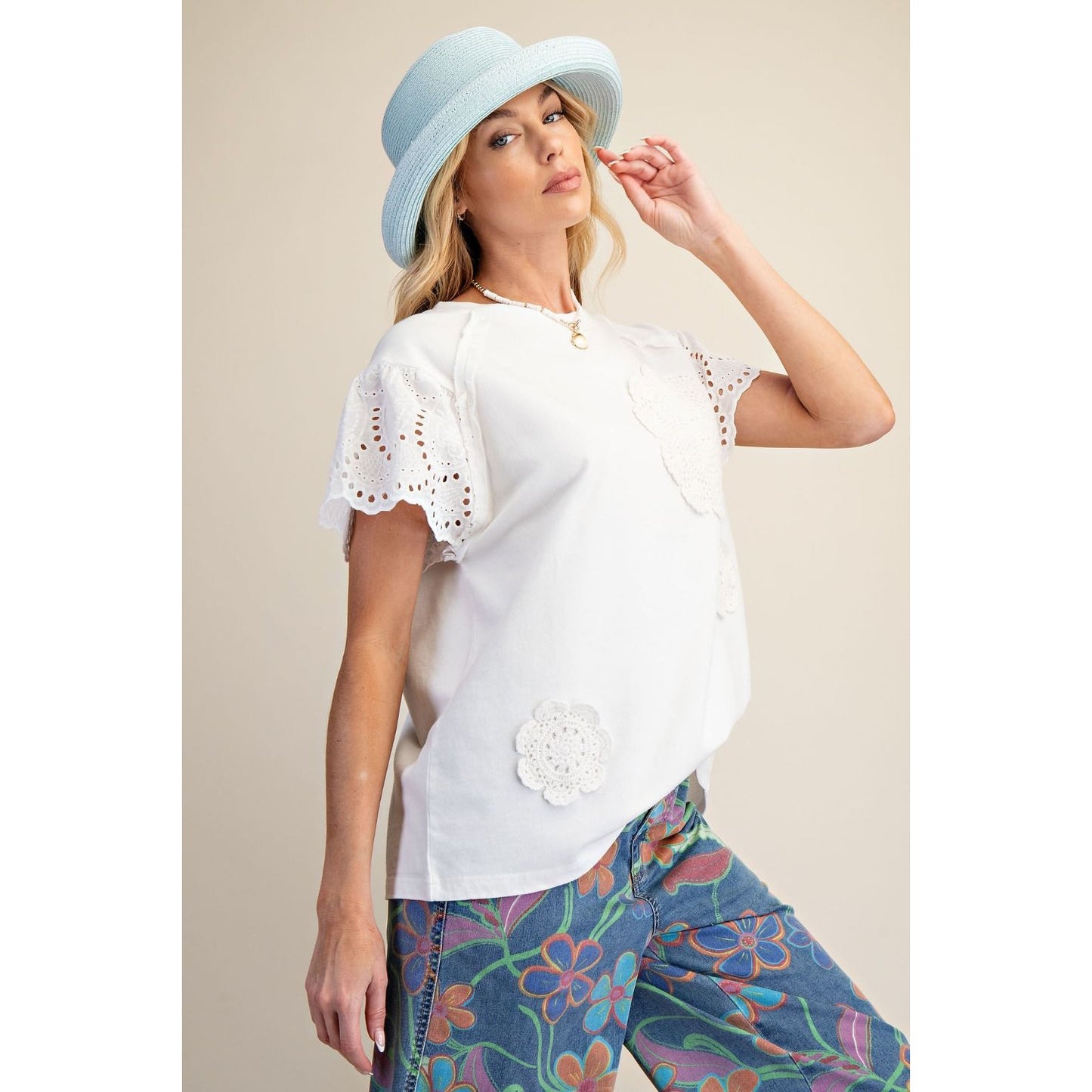 Lace Detail Flutter Sleeve Top – Cream Crochet Patch Blouse 9027
