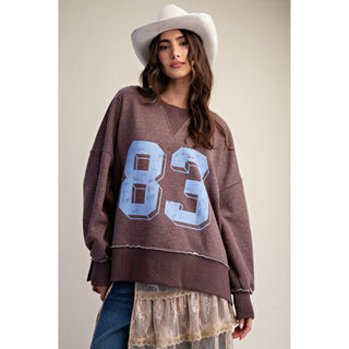 Washed “83” Print Graphic Pullover Top 9646 – Mocha