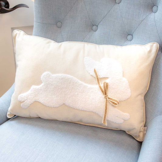 Leaping Bunny Embroidered Lumbar Pillow in Soft White/White