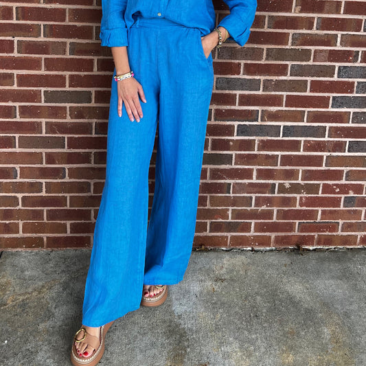 Milio Milano - Linen, Flat Front, Elastic Waist, Wide Leg Pants 7013 - Blue Regatta