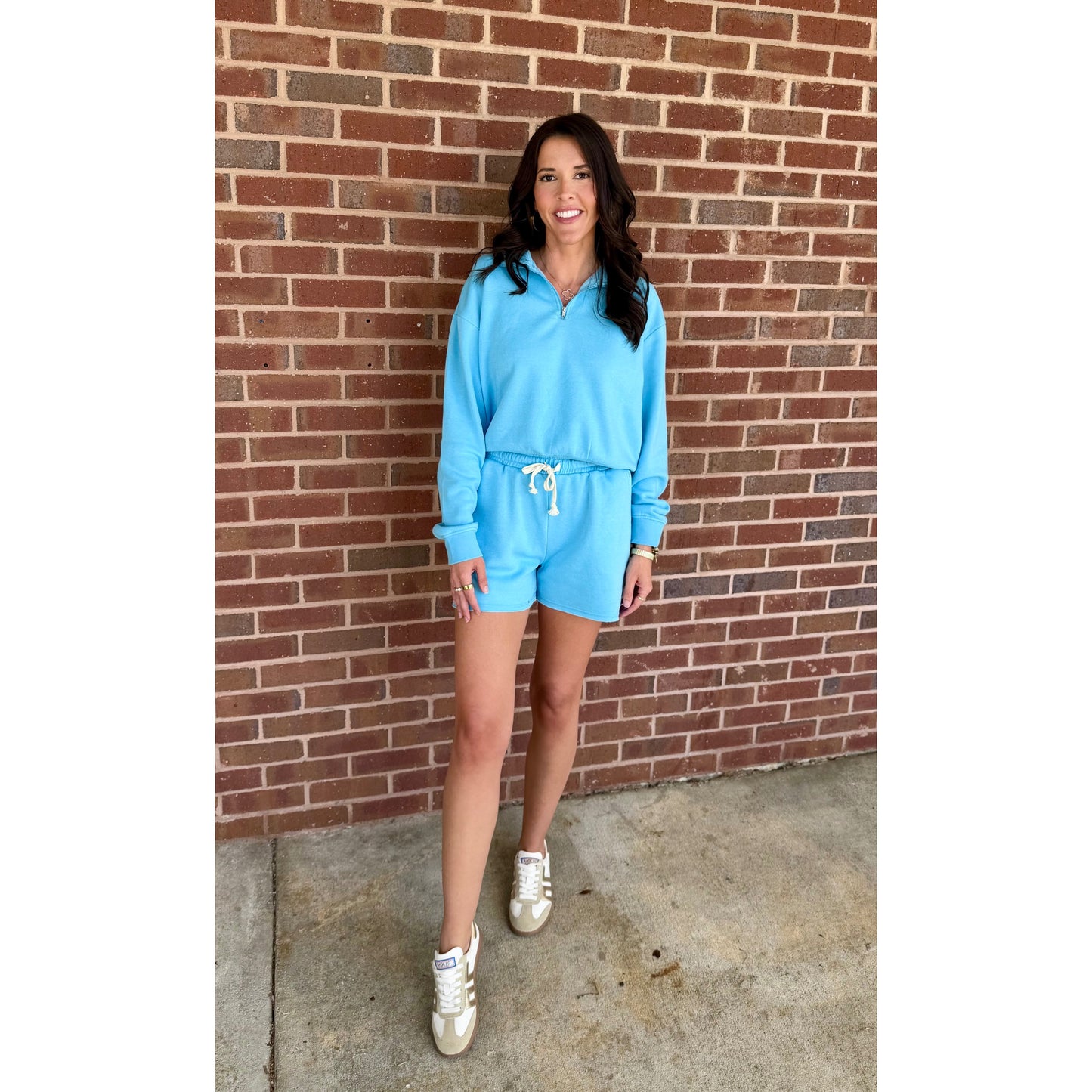 Sky Blue Lounge Set – Half Zip Pullover & Drawstring Shorts Set 258 / 328